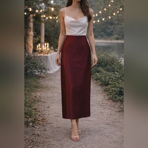 Vintage Kay Unger New York Red Silk Wool Satin Midi Skirt Size 6 Elegant Evening